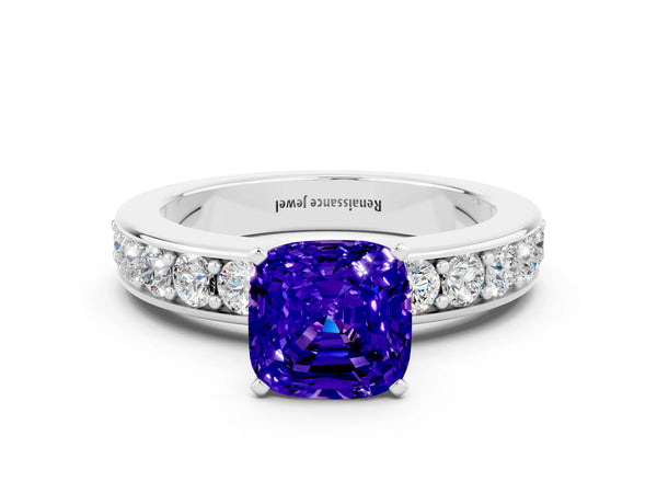 Platinum Cushion Cut Tanzanite Engagement Ring with Channel Set Round  Band and Prong Setting