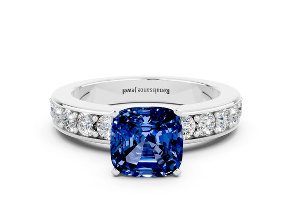 Silver Cushion Cut Blue Sapphire Engagement Ring with Channel Set Round  Band and Prong Setting