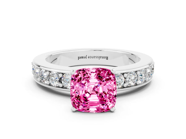 White gold Cushion Cut Pink Sapphire Engagement Ring with Channel Set Round  Band and Prong Setting
