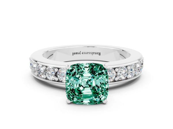Platinum Cushion Cut Green Sapphire Engagement Ring with Channel Set Round  Band and Prong Setting