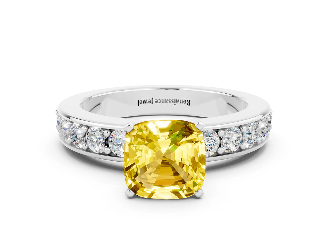 White gold Cushion Cut Cut Channel Set Diamond Engagement Ring with Four-Prong Setting