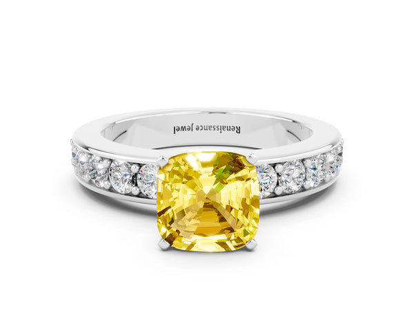 Platinum Cushion Cut Yellow Sapphire Engagement Ring with Channel Set Round  Band and Prong Setting