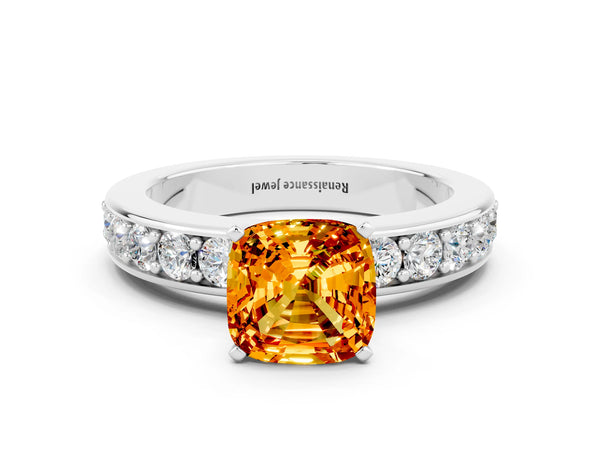 Silver Cushion Cut Citrine Engagement Ring with Channel Set Round  Band and Prong Setting
