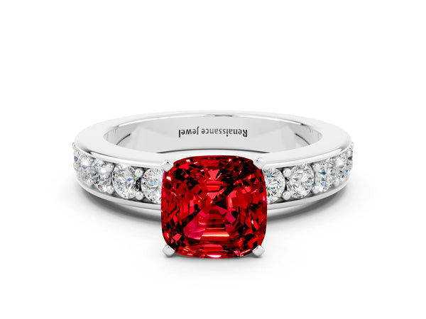 Platinum Cushion Cut Ruby Engagement Ring with Channel Set Round  Band and Prong Setting