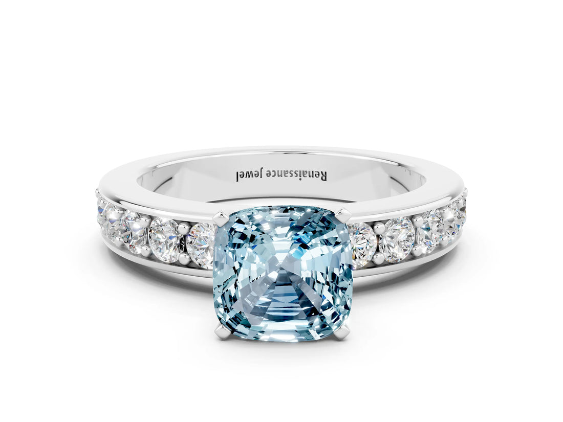 White gold Cushion Cut Cut Channel Set Diamond Engagement Ring with Four-Prong Setting
