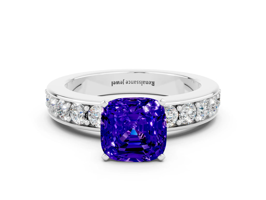 White gold Cushion Cut Cut Channel Set Diamond Engagement Ring with Four-Prong Setting