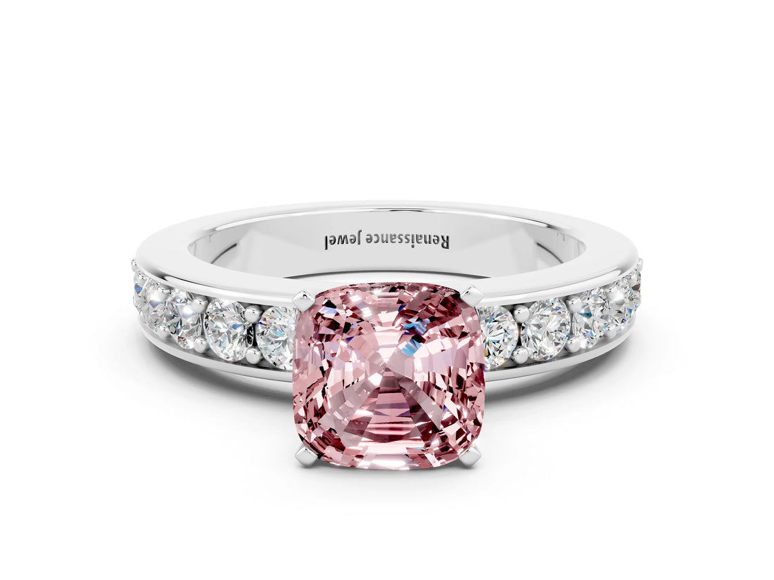 White gold Cushion Cut Cut Channel Set Diamond Engagement Ring with Four-Prong Setting