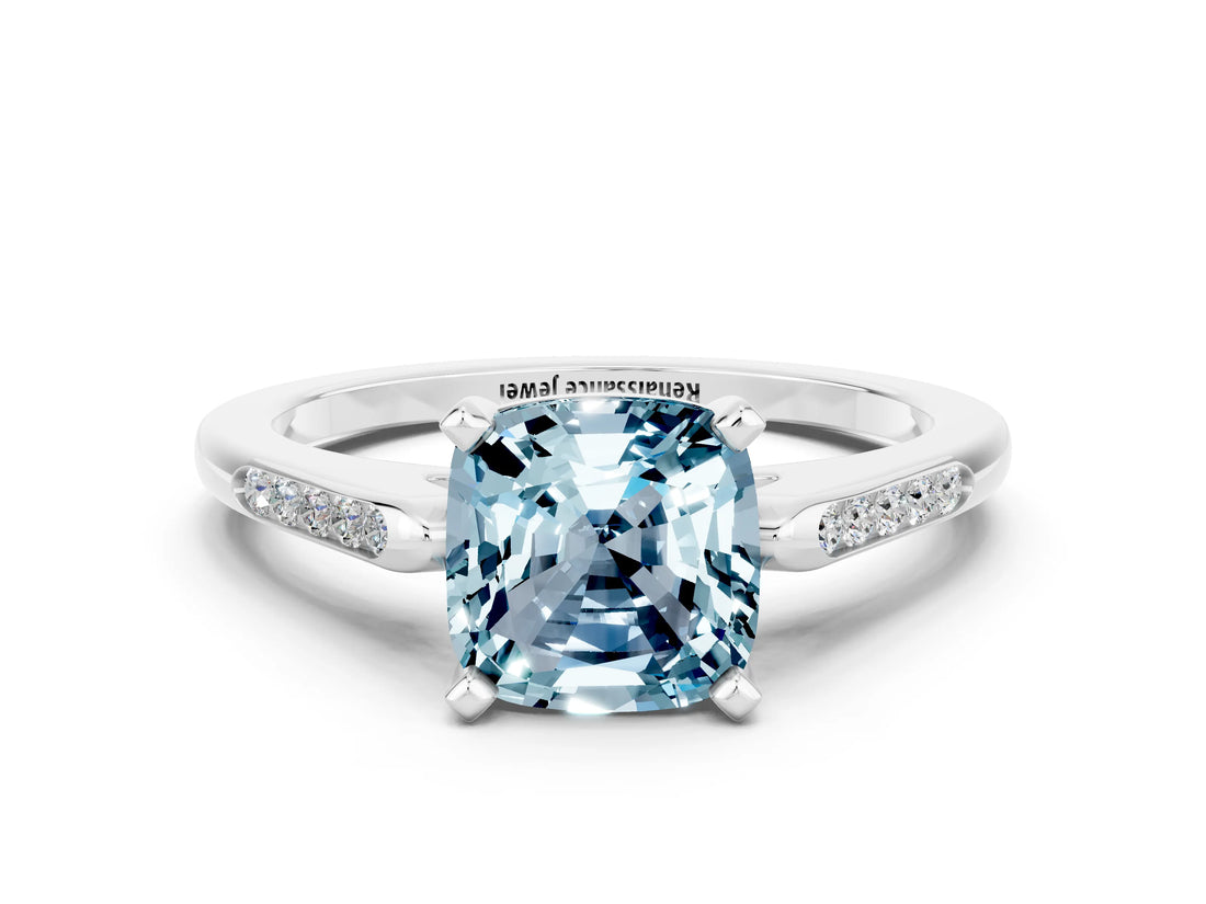 White gold Cushion Cut Cut Channel Set Solitaire Engagement Ring with Four-Prong Setting
