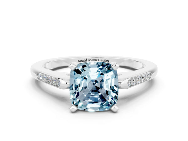 Platinum Cushion Cut Aquamarine Solitaire Ring with Channel Set Round  Band and Prong Setting