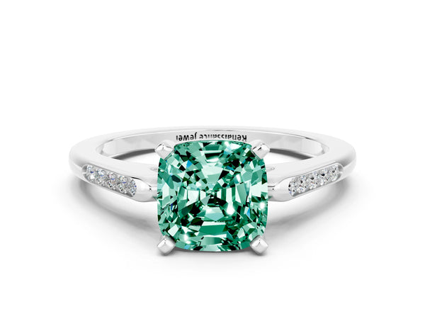 Platinum Cushion Cut Green Sapphire Solitaire Ring with Channel Set Round  Band and Prong Setting