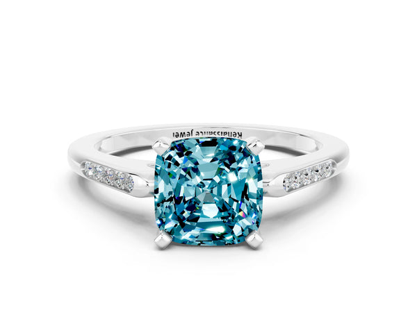 White gold Cushion Cut Blue Topaz Solitaire Ring with Channel Set Round  Band and Prong Setting