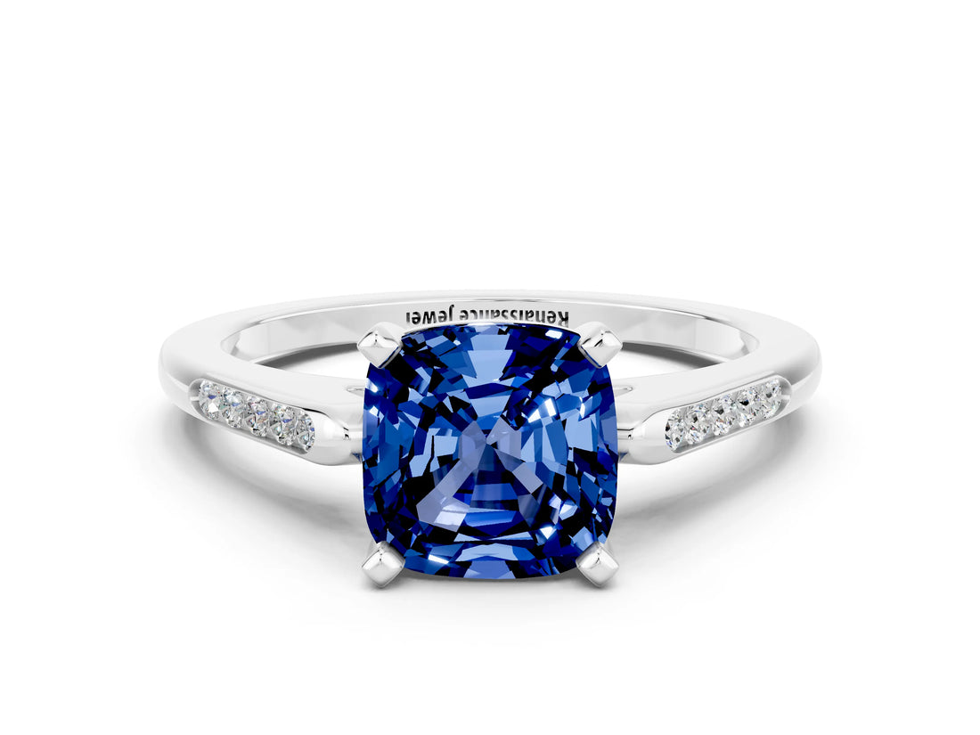 White gold Cushion Cut Cut Channel Set Solitaire Engagement Ring with Four-Prong Setting