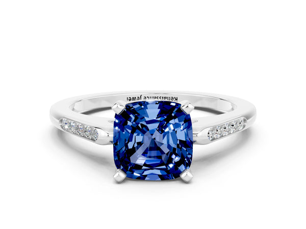 Silver Cushion Cut Blue Sapphire Solitaire Ring with Channel Set Round  Band and Prong Setting