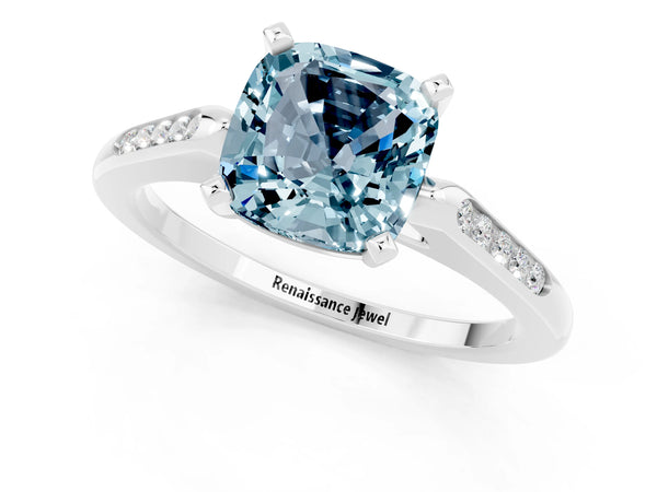 Platinum Cushion Cut Aquamarine Solitaire Ring with Channel Set Round  Band and Prong Setting