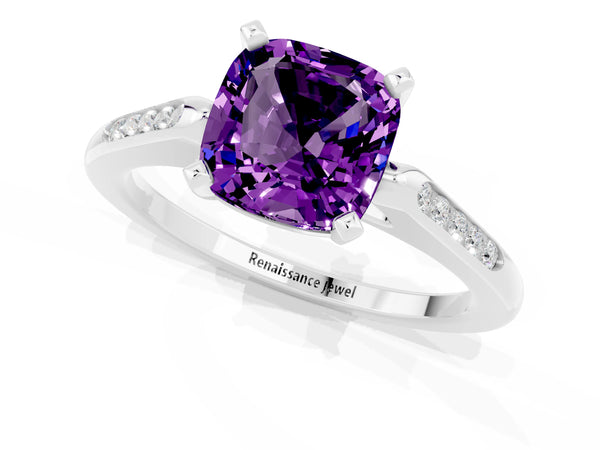 Silver Cushion Cut Amethyst Solitaire Ring with Channel Set Round  Band and Prong Setting