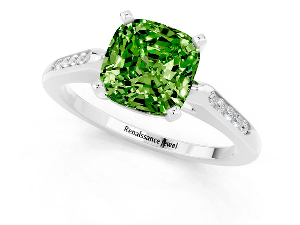 Platinum Cushion Cut Peridot Solitaire Ring with Channel Set Round  Band and Prong Setting