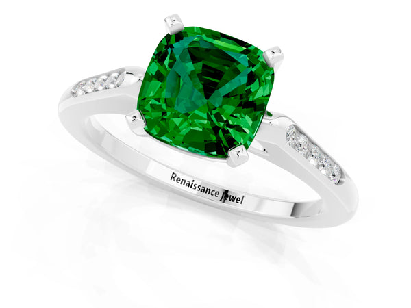 Platinum Cushion Cut Emerald Solitaire Ring with Channel Set Round  Band and Prong Setting