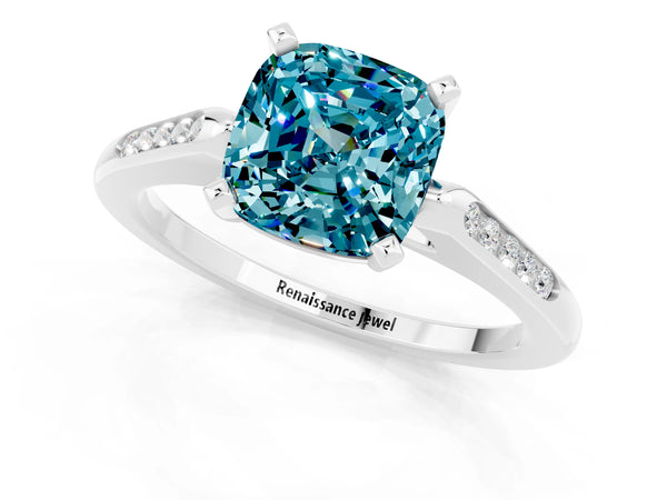 White gold Cushion Cut Blue Topaz Solitaire Ring with Channel Set Round  Band and Prong Setting
