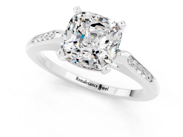 Platinum Cushion Cut Moissanite Solitaire Ring with Channel Set Round  Band and Prong Setting