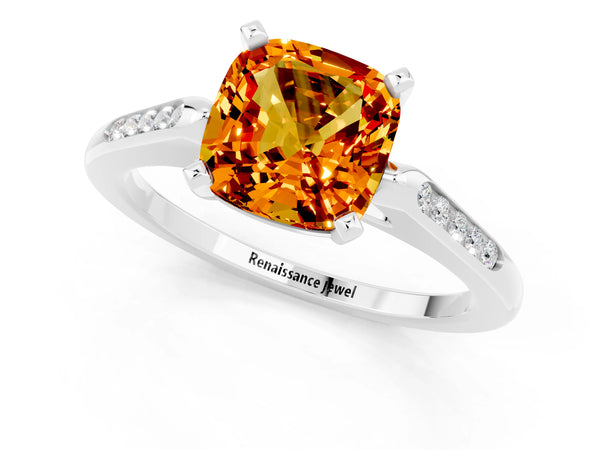 Platinum Cushion Cut Citrine Solitaire Ring with Channel Set Round  Band and Prong Setting
