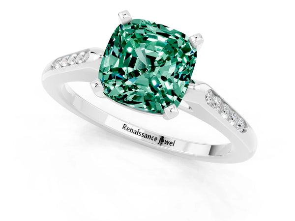 Silver Cushion Cut Green Sapphire Solitaire Ring with Channel Set Round  Band and Prong Setting