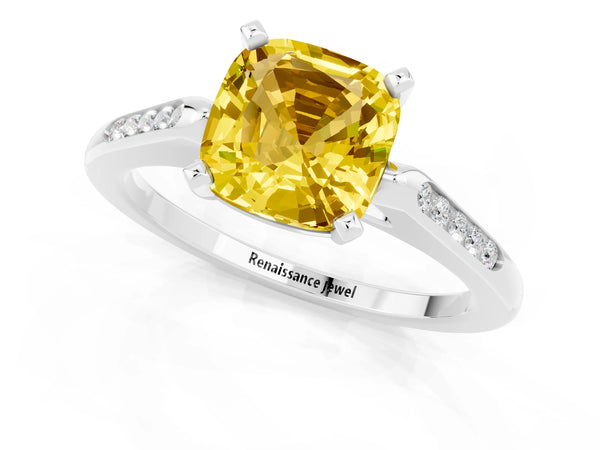 Platinum Cushion Cut Yellow Sapphire Solitaire Ring with Channel Set Round  Band and Prong Setting