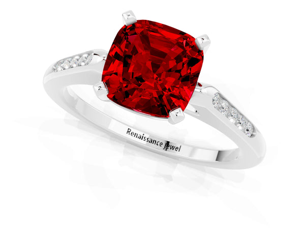 White gold Cushion Cut Ruby Solitaire Ring with Channel Set Round  Band and Prong Setting