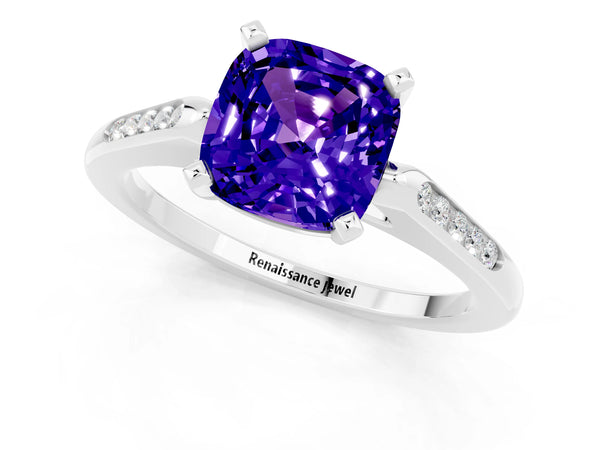 Platinum Cushion Cut Tanzanite Solitaire Ring with Channel Set Round  Band and Prong Setting