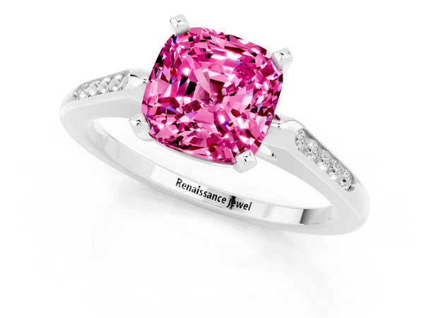 Silver Cushion Cut Pink Sapphire Solitaire Ring with Channel Set Round  Band and Prong Setting