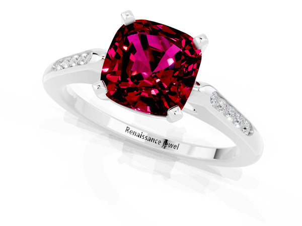 Silver Cushion Cut Garnet Solitaire Ring with Channel Set Round  Band and Prong Setting
