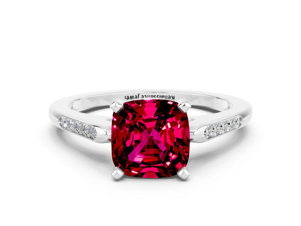 Silver Cushion Cut Garnet Solitaire Ring with Channel Set Round  Band and Prong Setting