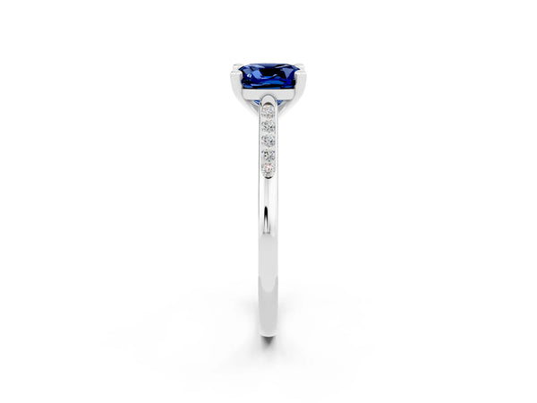 White gold Cushion Cut Blue Sapphire Solitaire Ring with Channel Set Round  Band and Prong Setting