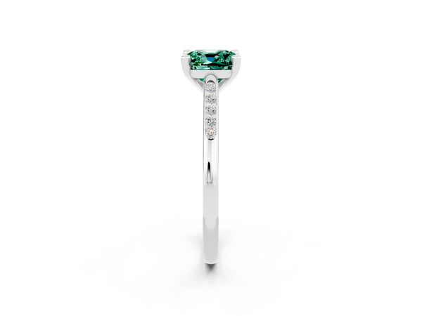 Silver Cushion Cut Green Sapphire Solitaire Ring with Channel Set Round  Band and Prong Setting