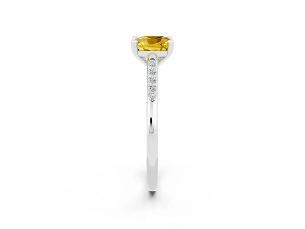 Platinum Cushion Cut Yellow Sapphire Solitaire Ring with Channel Set Round  Band and Prong Setting