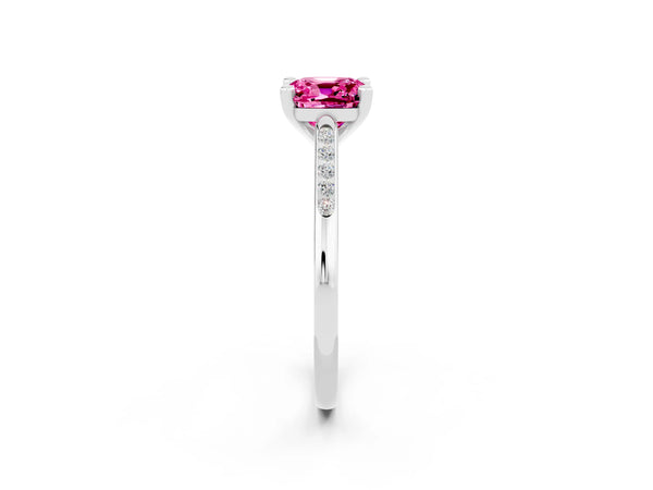 White gold Cushion Cut Pink Sapphire Solitaire Ring with Channel Set Round  Band and Prong Setting