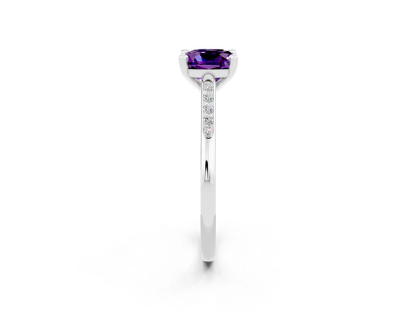 Silver Cushion Cut Amethyst Solitaire Ring with Channel Set Round  Band and Prong Setting