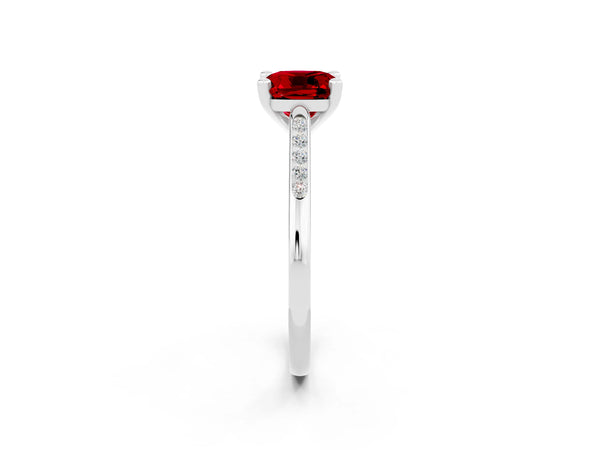 White gold Cushion Cut Ruby Solitaire Ring with Channel Set Round  Band and Prong Setting