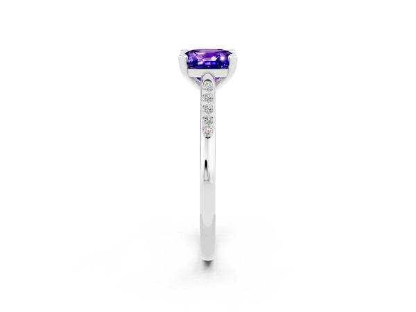 Platinum Cushion Cut Tanzanite Solitaire Ring with Channel Set Round  Band and Prong Setting