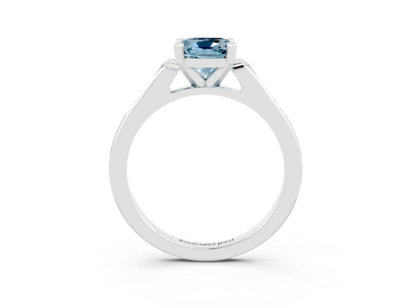 Platinum Cushion Cut Aquamarine Solitaire Ring with Channel Set Round  Band and Prong Setting