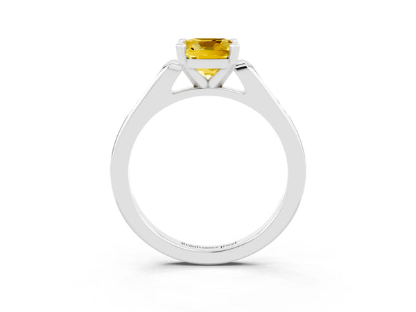 White gold Cushion Cut Yellow Sapphire Solitaire Ring with Channel Set Round  Band and Prong Setting