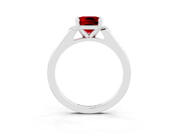 Silver Cushion Cut Ruby Solitaire Ring with Channel Set Round  Band and Prong Setting