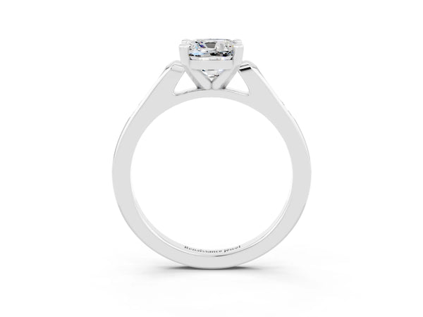 Platinum Cushion Cut Moissanite Solitaire Ring with Channel Set Round  Band and Prong Setting