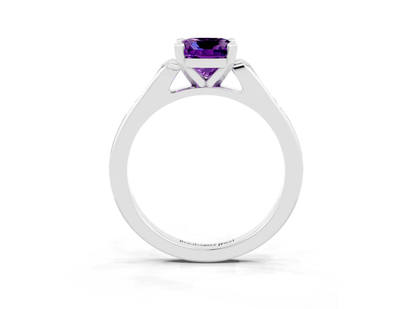 White gold Cushion Cut Amethyst Solitaire Ring with Channel Set Round  Band and Prong Setting
