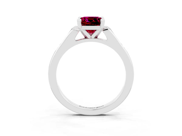Silver Cushion Cut Garnet Solitaire Ring with Channel Set Round  Band and Prong Setting