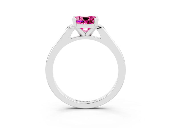 Silver Cushion Cut Pink Sapphire Solitaire Ring with Channel Set Round  Band and Prong Setting
