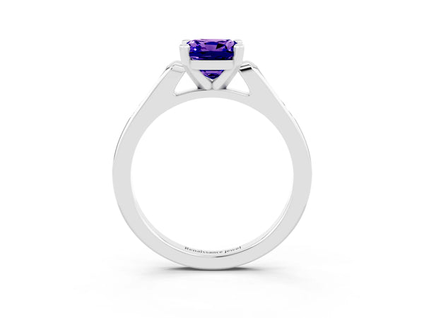 Platinum Cushion Cut Tanzanite Solitaire Ring with Channel Set Round  Band and Prong Setting