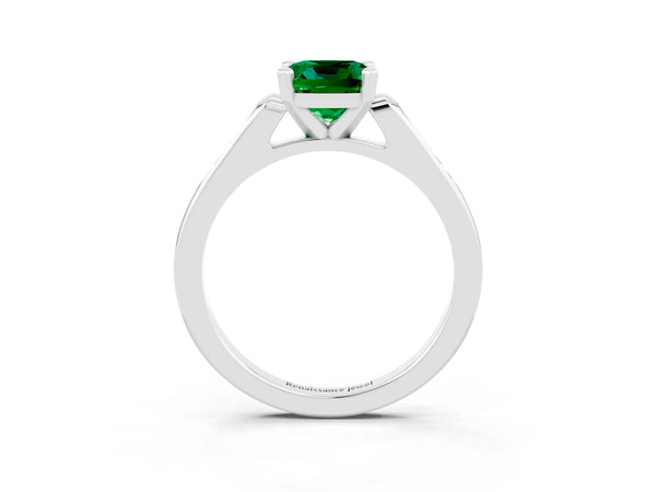 Platinum Cushion Cut Emerald Solitaire Ring with Channel Set Round  Band and Prong Setting