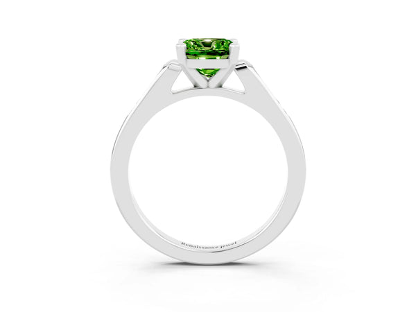 Platinum Cushion Cut Peridot Solitaire Ring with Channel Set Round  Band and Prong Setting