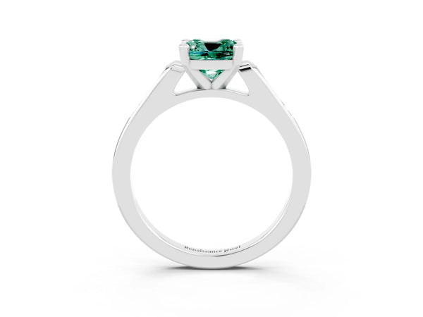 Platinum Cushion Cut Green Sapphire Solitaire Ring with Channel Set Round  Band and Prong Setting