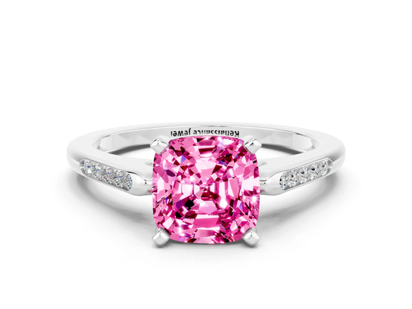 Silver Cushion Cut Pink Sapphire Solitaire Ring with Channel Set Round  Band and Prong Setting